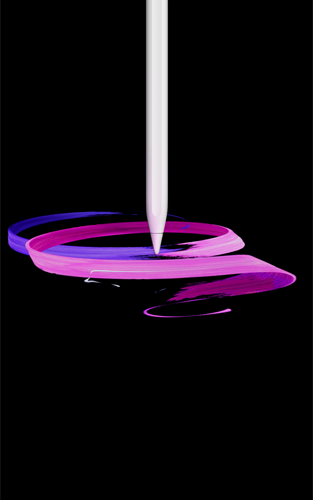 Apple Pencil Pro, Vorderseite, Hochformat, Seitenprofil, Farbe Weiß, abstrakte Zeichnung von violetten und rosafarbenen Bändern