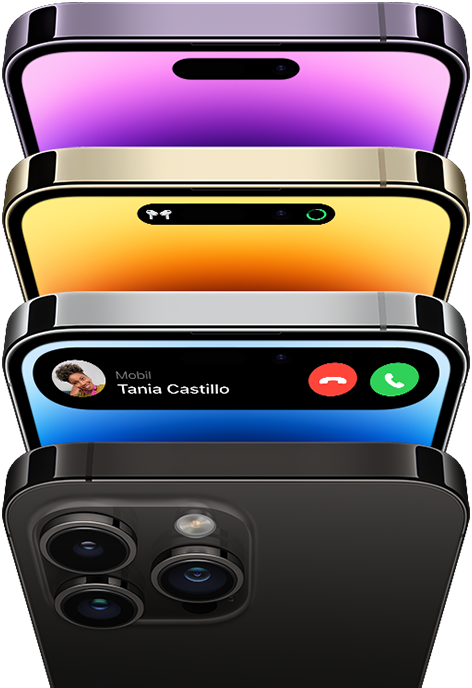 iPhone 14 Pro in vier verschiedenen Farben – Space Schwarz, Blau, Gold und Dunkellila. Ein Modell zeigt die Rückseite des Telefons und die anderen drei die Vorderseite mit dem Display.