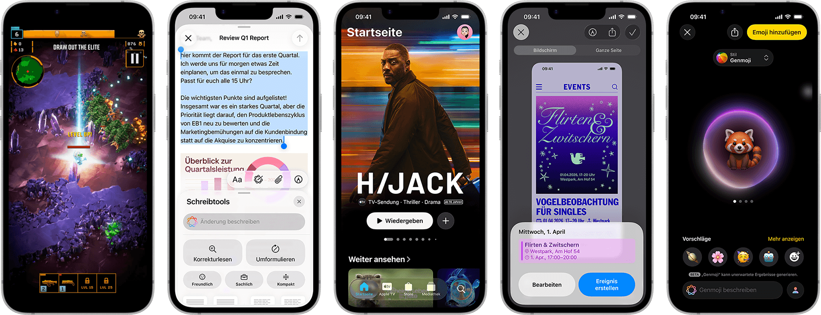 Nebeneinander angeordnete iPhone 17e Geräte mit unterschiedlichen Displays: ein Spiel wird gespielt, Schreibtools, Apple TV App, ein Kalenderereignis wird erstellt, ein Genmoji wird erstellt