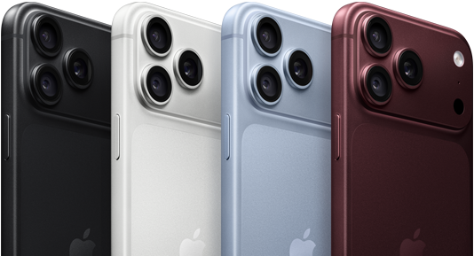 iPhone 18 Pro Geräte in einer Reihe, Rückseite, alle vier Farben: Burgunder, Polar, Silber, Schwarz, Pro Fusion Kamera-System oben links, 3 Objektive, Mikrofon, Blitz