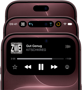 Drei iPhone 18 Pro Modelle in Burgunder, aufgefächert, um die Dynamic Island in verschiedenen Modi zu zeigen: deaktiviert, minimiert, maximiert