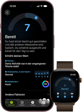 iPhone 18 Pro, Schwarz, Vorderseite, zeigt die Ergebnisse des Tagesformwerts (Wert 7), gekoppelt mit einer Apple Watch, Vorderansicht, Braun, zeigt denselben Tagesformwert von 7