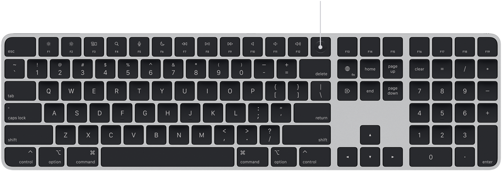 Pointer, der auf den Touch ID Sensor auf dem Magic Keyboard über der Rückschritttaste zeigt