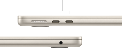 MacBook Air, zugeklappt, linke Seite mit MagSafe und zwei Thunderbolt Anschlüssen, rechte Seite mit Kopfhöreranschluss