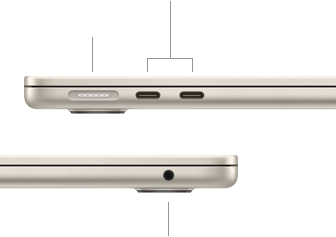 MacBook Air, zugeklappt, linke Seite mit MagSafe und zwei Thunderbolt Anschlüssen, rechte Seite mit Kopfhöreranschluss