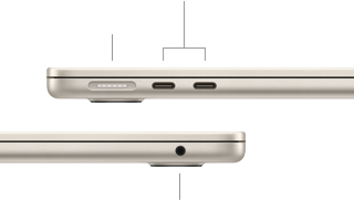 MacBook Air, zugeklappt, linke Seite mit MagSafe und zwei Thunderbolt Anschlüssen, rechte Seite mit Kopfhöreranschluss