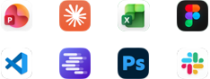 App Symbole für Microsoft PowerPoint, Claude von Anthropic, Microsoft Excel, Figma, Visual Studio Code, LM Studio, Adobe Photoshop und Slack