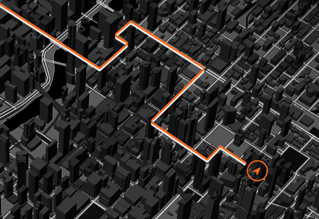 Eine Karte zeigt eine hervorgehobene Route durch ein dichtes städtisches Gebiet und die präzise GPS Funktion